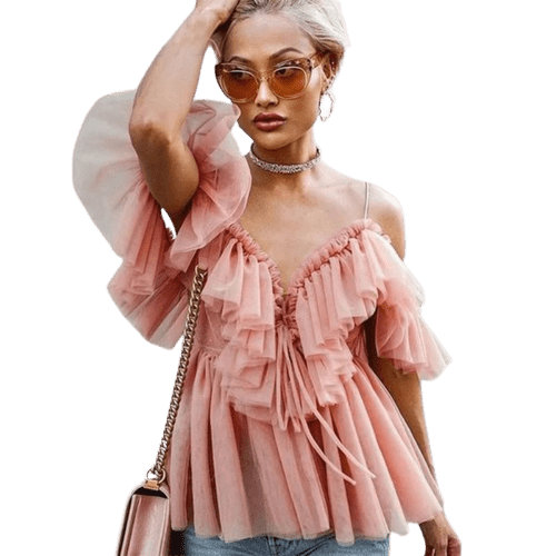 BerryGo Strap ruffles mesh blouse women shirt V neck off shoulder summer blouse tops Streetwear sexy peplum tops blusas 2021 new