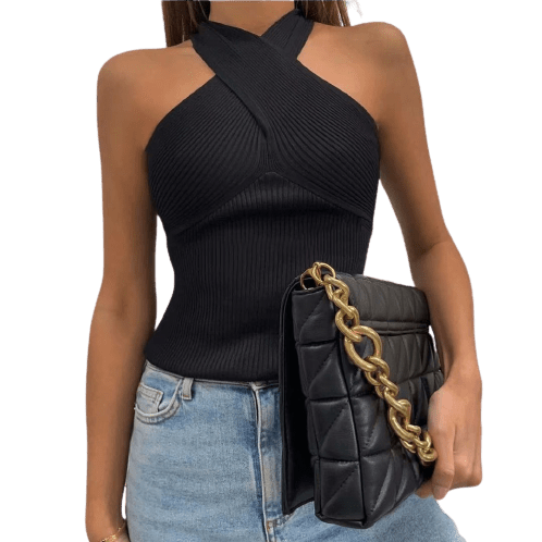 Three-color Cross-strap Knit Top