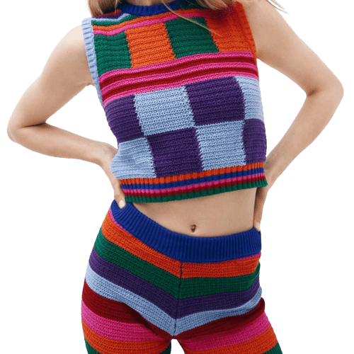 Women's Spring Fashion Loose Plaid Sweater Knit Tank Top Shorts