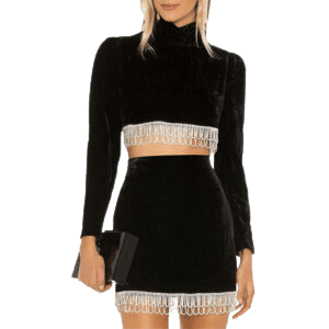 Suede Half High Neck Fringe Stitching Top And Hip Skirt