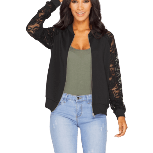 Women Bomber Crop Top Jacket With Lace